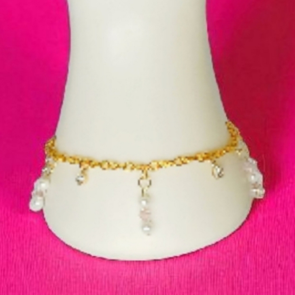 Gold Charm Bracelet Pearl Pink Sparkle Coquette Girl Moden Retro Glam Dollette